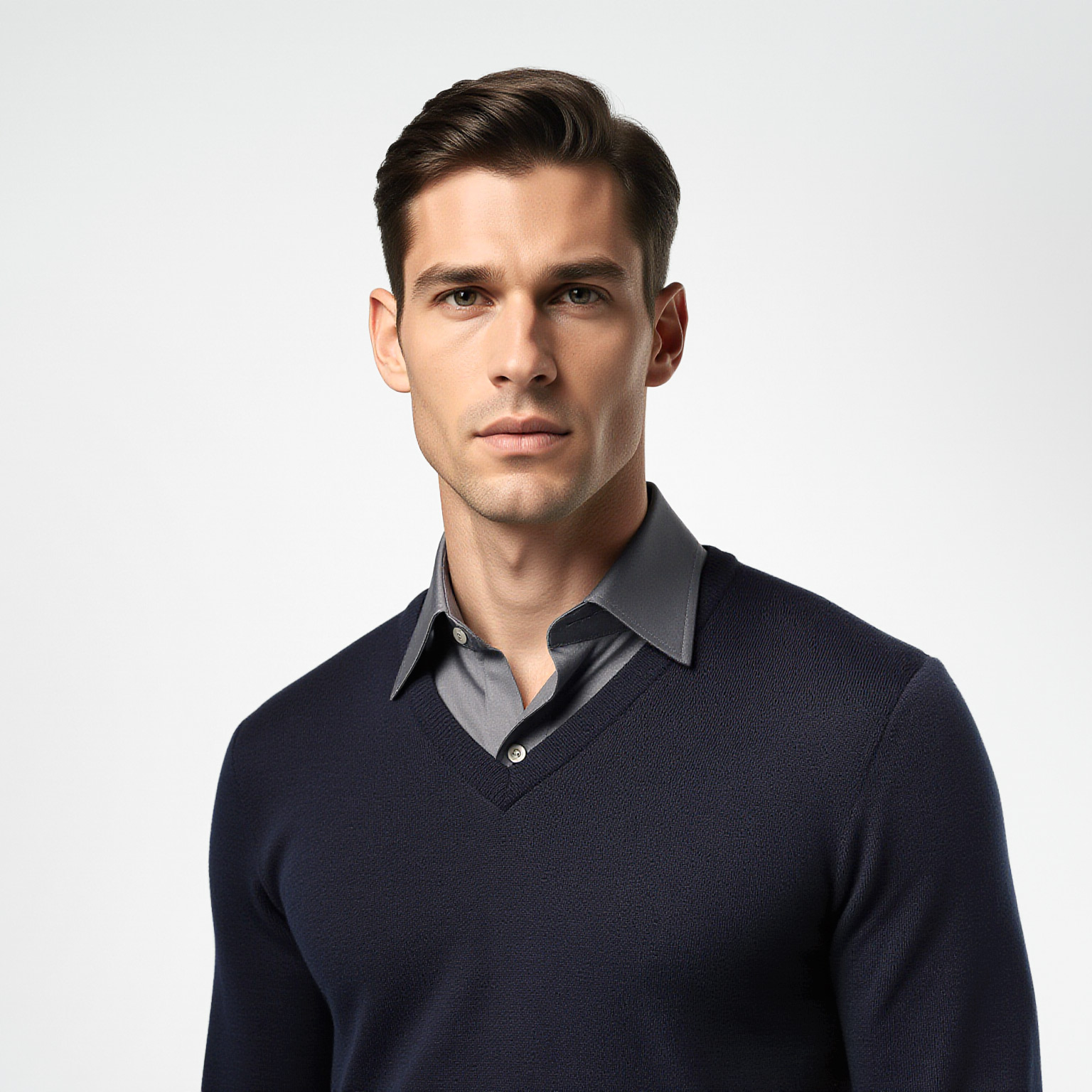Well-dressed man wearing a navy sweater and collared shirt in a refined studio portrait